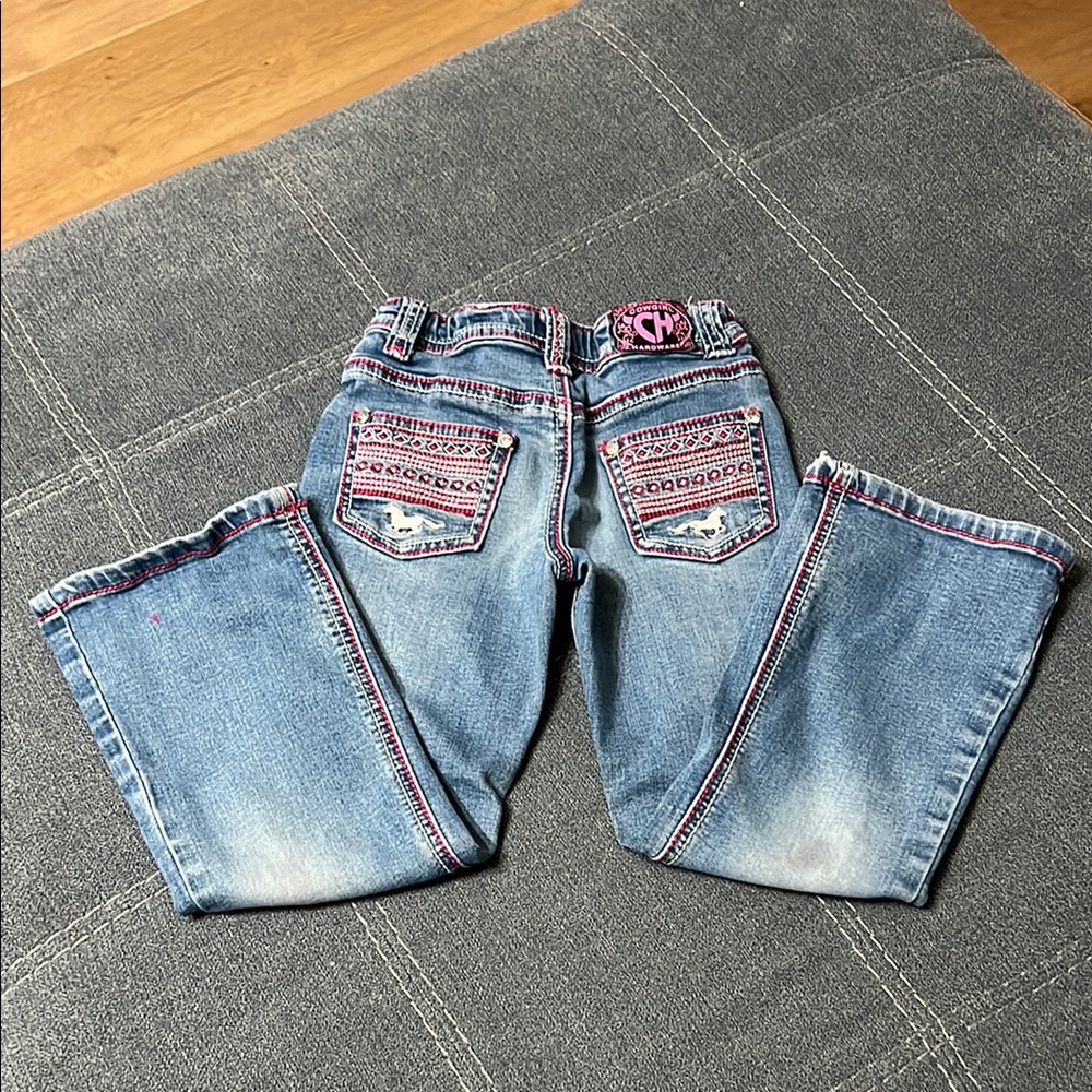 Size 5T cowgirl hardware denim jeans with pink and white horse accents